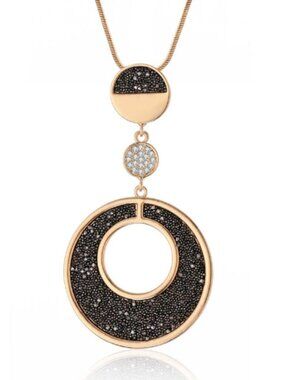 Gold Black Rhinestone Contemporary Modern Statement Long Necklace